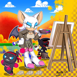 Size: 800x800 | Tagged: safe, artist:aozora, rouge the bat, shadow the hedgehog, chao, abstract background, dark chao, easel, eating, food, outline, paintbrush