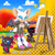 Size: 800x800 | Tagged: safe, artist:aozora, rouge the bat, shadow the hedgehog, chao, abstract background, dark chao, easel, eating, food, outline, paintbrush