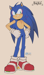 Size: 4729x8019 | Tagged: safe, artist:classicmariposazul, sonic the hedgehog, 2023, alternate universe, au:incius, beige background, blushing, chest fluff, clenched teeth, hands on hips, leg fluff, looking at viewer, signature, simple background, smile, solo, standing