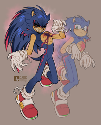 Size: 2187x2711 | Tagged: safe, artist:classicmariposazul, sonic the hedgehog, oc, oc:deprex, oc:sonic.exe, 2023, alternate universe, au:incius, beige background, bleeding, bleeding from eyes, blood, clenched teeth, duo, frown, leg fluff, lidded eyes, looking at viewer, self paradox, simple background, smile, standing, torn gloves, torn socks