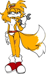 Size: 753x1200 | Tagged: safe, artist:curs30fx, miles "tails" prower, oc, oc:myla tails prower, 2023, aged up, alternate universe, au:the curse, belt, eyelashes, flat colors, frown, goggles, holding something, lidded eyes, looking at viewer, older, scar, simple background, solo, trans female, transgender, white background, wrench