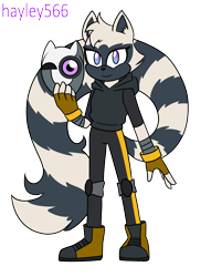 Size: 1720x2250 | Tagged: safe, artist:hayley566, oc, oc:shout the lemur, lemur, 2023, clothes, diamond cutters mask, ear fluff, eyelashes, fingerless gloves, flat colors, fusion, fusion:tangle, fusion:whisper, holding something, hoodie, kneepads, leggings, looking at viewer, mask, signature, simple background, smile, solo, standing, transparent background