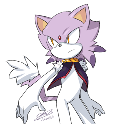 Size: 600x600 | Tagged: safe, artist:f-sonic, blaze the cat, 2015, clothes, frown, gender swap, long gloves, looking offscreen, signature, simple background, solo, standing, white background