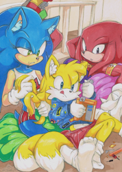 Size: 720x1011 | Tagged: safe, artist:f-sonic, knuckles the echidna, miles "tails" prower, sonic the hedgehog, 2016, abstract background, clothes, crop top, ear fluff, eyelashes, frown, gender swap, hoodie, indoors, looking at something, looking at them, shoes off, shorts, sitting, skirt, team sonic, tongue out, trio, tying hair, wrench