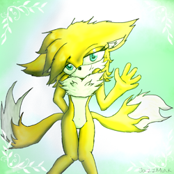 Size: 800x800 | Tagged: safe, artist:jazz-m-ink, miles "tails" prower, 2014, ear fluff, gender swap, gloves off, gradient background, hand behind back, lidded eyes, looking at viewer, signature, smile, solo, standing, waving