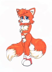 Size: 700x979 | Tagged: safe, artist:bitchwolf, miles "tails" prower, 2007, classic tails, eyelashes, frown, gender swap, hand on arm, looking at viewer, simple background, solo, standing, traditional media, white background