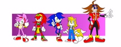 Size: 2463x958 | Tagged: safe, artist:antyep, amy rose, knuckles the echidna, miles "tails" prower, robotnik, sonic the hedgehog, human, 2020, abstract background, clothes, flat colors, gender swap, group, standing