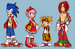 Size: 1515x996 | Tagged: safe, artist:knockabiller, amy rose, knuckles the echidna, miles "tails" prower, sonic the hedgehog, human, 2016, bag, blue background, clothes, dress, frown, goggles, group, helmet, humanized, jacket, pants, shirtless, simple background, smile, standing