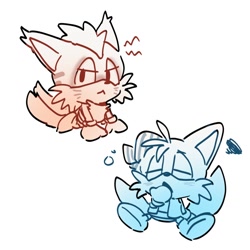 Size: 1280x1280 | Tagged: safe, artist:pupu77859245726, mangey, miles "tails" prower, sails, sonic prime, 2025, :<, cute, duo, eyes closed, frown, lidded eyes, looking at viewer, mangeybetes, monochrome, sailsabetes, simple background, sitting, tailabetes, white background, yawning