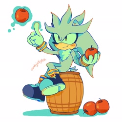 Size: 2046x2048 | Tagged: safe, artist:candyje11yfish, silver the hedgehog, sonic the hedgehog (2006), 2025, :3, apple, barrel, blushing, cute, holding something, looking at something, psychokinesis, signature, silvabetes, sitting, smile, solo