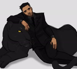 Size: 2048x1821 | Tagged: safe, artist:lemonzzset, agent stone, human, 2025, duo, frown, grey background, leaning on them, literal animal, looking at viewer, panther, simple background, sitting, whiskers