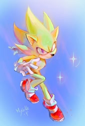 Size: 1395x2047 | Tagged: safe, artist:mixelle_p, sonic the hedgehog, super sonic, 2025, abstract background, daytime, flying, looking at viewer, mid-air, outdoors, shooting star, signature, smile, solo, super form