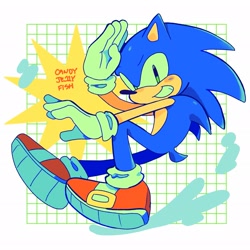 Size: 2047x2048 | Tagged: safe, artist:candyje11yfish, sonic the hedgehog, 2025, abstract background, clenched teeth, looking at viewer, salute, signature, smile, solo