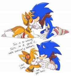 Size: 1351x1449 | Tagged: safe, artist:pachirizuu, miles "tails" prower, sonic the hedgehog, 2025, age difference, blushing, dialogue, duo, english text, eyes closed, gay, kiss, looking at each other, shipping, simple background, sonic boom (tv), sonic x tails, underage, white background