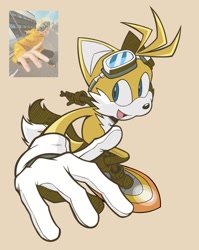 Size: 1634x2048 | Tagged: safe, artist:r8ym1x, miles "tails" prower, 2025, extreme gear, looking offscreen, mouth open, reference inset, riders style, signature, simple background, smile, solo, sonic riders