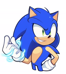 Size: 1824x2048 | Tagged: safe, artist:niko_acc, sonic the hedgehog, 2025, clenched teeth, hand on hip, looking offscreen, simple background, smile, solo, standing, white background