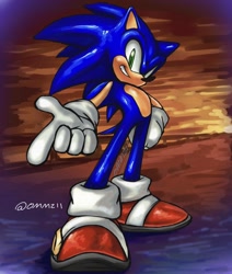 Size: 1734x2048 | Tagged: safe, artist:ommzii, sonic the hedgehog, 2025, abstract background, hand on hip, looking at viewer, pointing, signature, smile, smiling at viewer, solo, standing