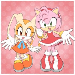 Size: 2000x2000 | Tagged: safe, artist:mer_milky77, amy rose, cream the rabbit, 2025, abstract background, amybetes, border, clenched fist, creamabetes, cute, duo, looking at viewer, looking offscreen, mouth open, signature, smile, smiling at viewer, standing, waving