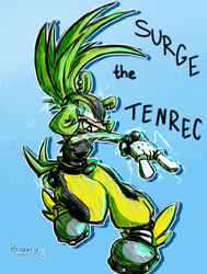 Size: 2268x3000 | Tagged: safe, artist:buggzywuggzy, surge the tenrec, 2025, character name, clenched teeth, devil horns (gesture), electricity, gradient background, looking at viewer, signature, smile, solo, standing on one leg