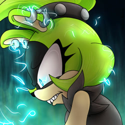 Size: 600x600 | Tagged: safe, artist:the-ironic-monster, surge the tenrec, 2025, clenched teeth, electricity, glowing eyes, gradient background, looking down, solo