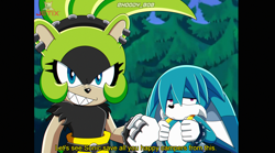 Size: 4500x2500 | Tagged: safe, artist:hoodybob, kit the fennec, surge the tenrec, 2025, abstract background, clenched fists, daytime, dialogue, duo, english text, fake screenshot, faux screencap, frown, looking at viewer, outdoors, signature, smile, sonic x, sonic x style, standing, tree