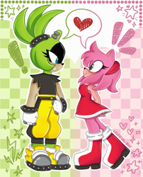 Size: 1799x2231 | Tagged: safe, artist:celestial-bat, amy rose, surge the tenrec, 2025, abstract background, checkered background, cute, duo, exclamation mark, heart, lesbian, looking at each other, outline, shipping, smile, sparkles, standing, star (symbol), surgamy