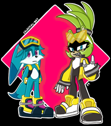 Size: 2085x2376 | Tagged: safe, artist:celestial-bat, kit the fennec, surge the tenrec, 2024, abstract background, devil horns (gesture), duo, eye clipping through hair, frown, goggles, looking at viewer, riders outfit, signature, smile, standing, sunglasses