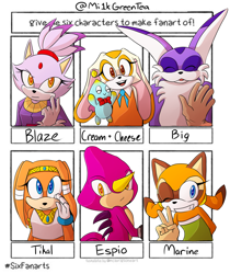 Size: 1280x1526 | Tagged: safe, artist:milk-green-tea, big the cat, blaze the cat, cheese (chao), cream the rabbit, espio the chameleon, marine the raccoon, tikal, chao, 2020, character name, english text, eyelashes, eyes closed, group, looking at viewer, meme, mouth open, neutral chao, signature, six fanarts, smile, v sign, waving, wink