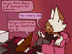 Size: 970x731 | Tagged: safe, artist:metallicmadness, rouge the bat, shadow the hedgehog, 2018, abstract background, crossover, dialogue, duo, english text, flat colors, indoors, lying down, mouth open, pokemon, sitting, sketch, speech bubble, therapy