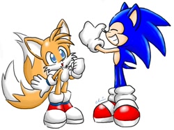 Size: 750x560 | Tagged: artist needed, dead source, safe, miles "tails" prower, sonic the hedgehog, 2005, cute, duo, eyes closed, mouth open, signature, simple background, smile, sonabetes, standing, tailabetes, white background