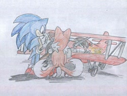 Size: 1024x775 | Tagged: safe, artist:sgtyoshi, miles "tails" prower, sonic the hedgehog, 2007, duo, pencilwork, shadow (lighting), smile, standing, tornado i, traditional media