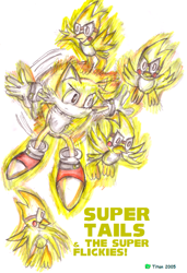 Size: 564x823 | Tagged: safe, artist:titanhedgehog, flicky, miles "tails" prower, super tails, 2005, english text, flying, frown, group, looking offscreen, pencilwork, signature, simple background, spinning tails, super form, traditional media, white background