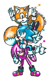 Size: 1024x1558 | Tagged: safe, artist:juricha, knuckles the echidna, miles "tails" prower, sonic the hedgehog, sonic mania, 2017, looking at them, looking at viewer, markerwork, on head, one eye closed, penwork, pointing, signature, simple background, smile, standing, star (symbol), team sonic, thumbs up, traditional media, trio, white background, wink