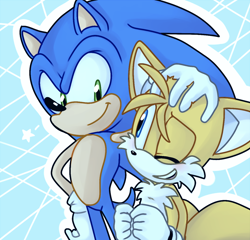 Size: 1000x960 | Tagged: safe, artist:sonicschilidog, miles "tails" prower, sonic the hedgehog, 2013, abstract background, clenched fists, duo, hand on head, looking at each other, mouth open, outline, smile, standing