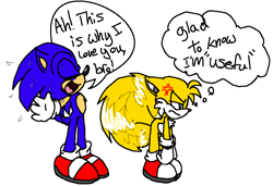 Size: 940x642 | Tagged: safe, artist:sonicschilidog, miles "tails" prower, sonic the hedgehog, 2010, arms out, bending over, cross popping vein, dialogue, duo, english text, eyes closed, fan, flat colors, floppy ears, frown, mouth open, simple background, smile, speech bubble, spinning tails, standing, sweatdrop, thought bubble, white background