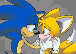 Size: 1000x705 | Tagged: safe, artist:devotedsidekick, artist:sonicschilidog, miles "tails" prower, sonic the hedgehog, 2014, abstract background, atist:steadfastbond, bending over, blushing, clenched teeth, comforting, crying, duo, frown, gay, hands on another's face, holding each other, lidded eyes, looking at each other, mouth open, sad, shipping, smile, sonic x tails, standing, tears