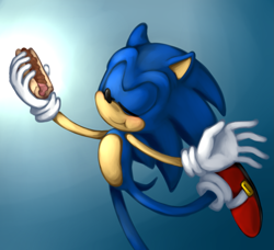 Size: 1471x1343 | Tagged: safe, artist:sonicschilidog, sonic the hedgehog, 2012, chili dog, dancing, eating, eyes closed, food, gradient background, holding something, smile, solo