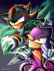 Size: 1701x2242 | Tagged: safe, artist:mmj1999, espio the chameleon, shadow the hedgehog, 2019, chaos emerald, clenched teeth, duo, gradient background, holding something, kunai knife, looking offscreen, outline, signature, smile