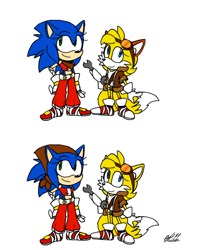 Size: 854x1046 | Tagged: safe, artist:artisyone, miles "tails" prower, sonic the hedgehog, 2014, clothes, duo, gender swap, holding something, signature, simple background, smile, sonic boom (tv), standing, white background, wrench