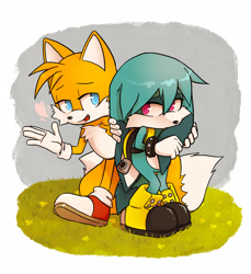 Size: 1872x2048 | Tagged: safe, artist:squorkalart, kit the fennec, miles "tails" prower, 2025, abstract background, duo, flirting, frown, gay, grass, heart, holding ear, kitails, looking at each other, outdoors, shipping, smile, standing