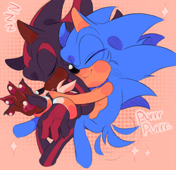 Size: 2048x1979 | Tagged: safe, artist:justashedd, shadow the hedgehog, sonic the hedgehog, 2025, abstract background, claws, cute, duo, eyes closed, gay, hugging, hugging from behind, lying on side, one fang, pawpads, purring, shadow x sonic, shadowbetes, shipping, signature, smile, snuggling, sonabetes, sparkles, wagging tail, zzz