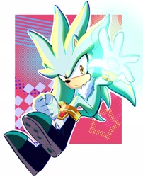 Size: 1651x2048 | Tagged: safe, artist:amndarte, silver the hedgehog, 2025, abstract background, clenched teeth, frown, looking at viewer, outline, solo, star (symbol)