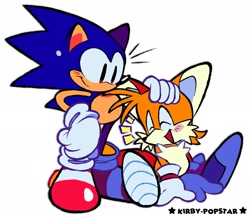 Size: 2048x1769 | Tagged: safe, artist:kirby-popstar, miles "tails" prower, sonic the hedgehog, 2025, cute, duo, eyes closed, headpats, looking at them, mouth open, redraw, signature, sitting, smile, sonabetes, standing, tailabetes