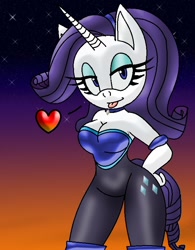 Size: 598x768 | Tagged: safe, artist:odiz, 2012, choker, cleavage, cosplay, gradient background, heart, lidded eyes, looking at viewer, mobianified, my little pony, pony, rarity, rouge's heart top, smile, solo, star (sky), tongue out, unicorn