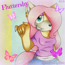 Size: 1000x1000 | Tagged: safe, artist:xx-romantique, 2012, abstract background, barely sonic related, bug, butterfly, character name, clenched teeth, clothes, crossover, ear fluff, fluttershy, jeans, lidded eyes, literal animal, looking at viewer, mobianified, my little pony, shirt, signature, smile, solo, species swap, standing, unknown species