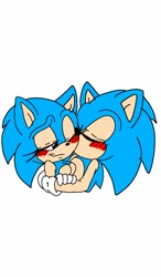 Size: 750x1280 | Tagged: safe, artist:classicsonic06, sonic the hedgehog, 2015, blushing, breasts, duo, eyes closed, featureless breasts, flat colors, holding each other, kiss on cheek, lidded eyes, looking at them, one eye closed, selfcest, shipping, simple background, smile, sonic x sonic, straight, white background