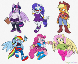 Size: 1280x1042 | Tagged: safe, artist:omegasunburst, 2023, alicorn, applejack, barely sonic related, book, clothes, crossover, earth pony, flat colors, fluttershy, frown, glasses, grey background, group, holding something, mane six (mlp), mobianified, my little pony, pegasus, pinkie pie, pointing, pony, rainbow dash, rarity, simple background, smile, standing, twilight sparkle, unicorn