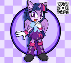 Size: 1580x1407 | Tagged: safe, artist:moesisterson, 2021, abstract background, alicorn, barely sonic related, checkered background, crossover, hand on chest, looking at viewer, mobianified, mouth open, my little pony, pony, qr code, smile, solo, standing, twilight sparkle, uekawa style