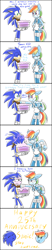 Size: 1000x4800 | Tagged: safe, artist:hoshinousagi, sonic the hedgehog, 2016, birthday, cake, cake splat, comic, crossover, dialogue, duo, english text, eyes closed, frown, head only, holding something, looking at each other, mobianified, my little pony, pegasus, plate, pony, rainbow dash, simple background, smile, sonic boom (tv), standing, white background