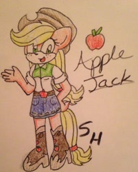 Size: 1646x2046 | Tagged: safe, artist:sketch-artz, 2015, apple, applejack, barely sonic related, character name, crossover, freckles, hand on hip, looking at viewer, mobianified, mouth open, my little pony, smile, solo, standing, traditional media